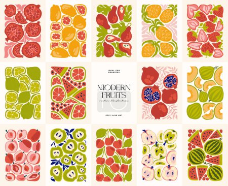 Früchte abstrakte Elemente. Essen und gesunde Zusammensetzung. Moderner trendiger Matisse-Minimal-Stil. Obst-Plakat, einladen. Vektor-Arrangements für Grußkarte oder Einladungsdesign