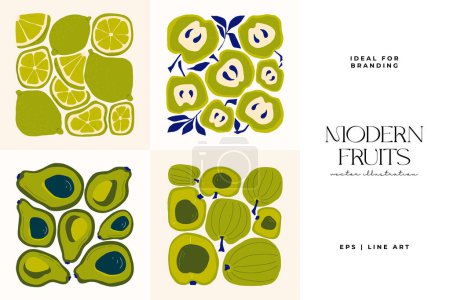 Illustration for Fruits abstract elements. Food and healsy composition. Modern trendy Matisse minimal style. Fruits poster, invite. Vector arrangements for greeting card or invitation design - Royalty Free Image