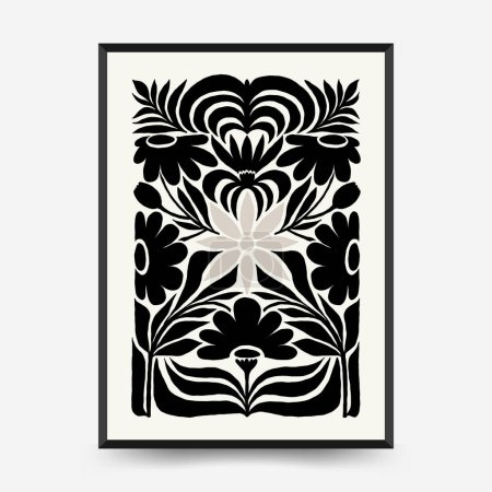 Illustration for Abstract dark floral posters template. Modern trendy Matisse minimal style. Black and white colors. Hand drawn design for wallpaper, wall decor, print, postcard, cover, template, banner. - Royalty Free Image