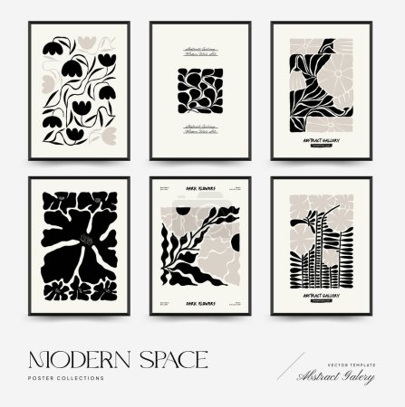 Illustration for Abstract dark floral posters template. Modern trendy Matisse minimal style. Black and white colors. Hand drawn design for wallpaper, wall decor, print, postcard, cover, template, banner. - Royalty Free Image