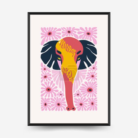 Illustration for Abstract floral and animal posters template. Modern trendy Matisse minimal style.Kids and Child wall art. Hand drawn design for wallpaper, wall decor, print, postcard, cover, template, banner. - Royalty Free Image