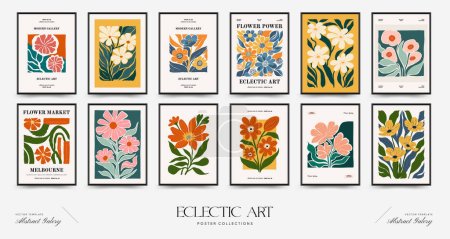 Abstrakte florale Plakatvorlage. Moderner trendiger Matisse-Minimal-Stil. Rosa und blaue Farben. Handgezeichnetes Design für Tapete, Wanddekor, Druck, Postkarte, Einband, Vorlage, Banner. 