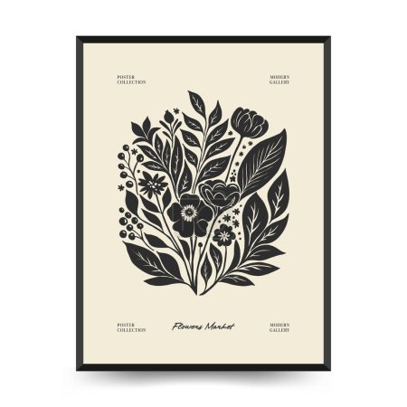 Abstract linocut floral posters template. Modern trendy Matisse minimal style. Black and white colors. Magic., girls and mystical. Hand drawn design for wallpaper, wall decor, print, postcard, cover, template, banner. 
