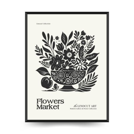 Illustration for Abstract linocut floral posters template. Modern trendy Matisse minimal style. Black and white colors. Magic., girls and mystical. Hand drawn design for wallpaper, wall decor, print, postcard, cover, template, banner. - Royalty Free Image