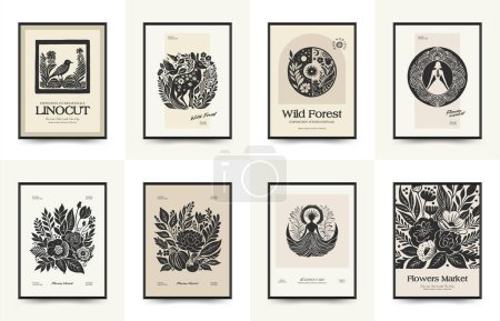 Illustration for Abstract linocut floral posters template. Modern trendy Matisse minimal style. Black and white colors. Magic., girls and mystical. Hand drawn design for wallpaper, wall decor, print, postcard, cover, template, banner. - Royalty Free Image