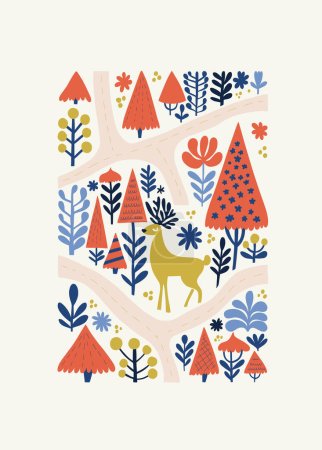 Feliz Navidad y Feliz Año Nuevo ilustración. Moderno estilo minimalista Matisse de moda. Diseño dibujado a mano para el papel pintado, decoración de la pared, impresión, tarjeta postal, cubierta, plantilla, bandera.