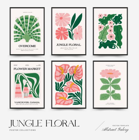 Illustration for Abstract floral posters template. Modern trendy Matisse minimal style. Tropical jungle. Hand drawn design for wallpaper, wall decor, print, postcard, cover, template, banner. - Royalty Free Image