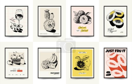 Téléchargez les illustrations : Modèle abstrait d'affiches de fruits, style minimaliste moderne à la mode - en licence libre de droit