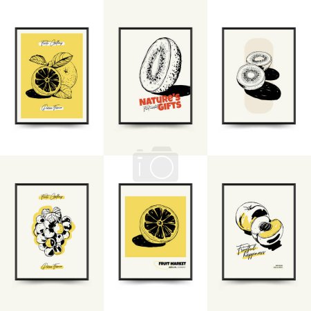 Téléchargez les illustrations : Modèle abstrait d'affiches de fruits, style minimaliste moderne à la mode - en licence libre de droit