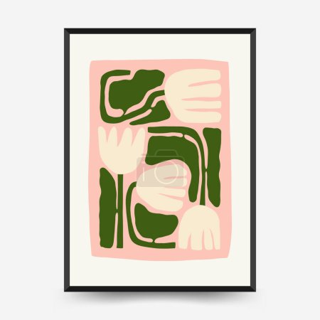 Modèle abstrait d'affiches florales. Moderne à la mode Matisse style minimal. Couleurs rose et bleu. Conception dessinée à la main pour papier peint, décor mural, impression, carte postale, couverture, modèle, bannière. 