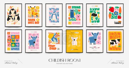 Abstrakte Plakatvorlage für Kinderzimmer. Moderner trendiger Kids Minimal Style. Handgezeichnetes Design für Tapete, Wanddekor, Druck, Postkarte, Einband, Vorlage, Banner. 
