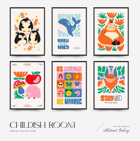 Illustration for Abstract Childrens Room posters template. Modern trendy Kids minimal style. Hand drawn design for wallpaper, wall decor, print, postcard, cover, template, banner. - Royalty Free Image