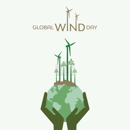 Illustrazione per La Giornata Mondiale del Vento è un evento annuale che si celebra il 15 giugno per sensibilizzare l'opinione pubblica sull'importanza dell'energia eolica e sul suo ruolo nell'affrontare il cambiamento climatico. - Immagini Royalty Free