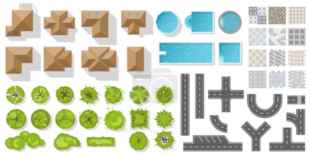 Illustration for Set of elements top view for landscape design. Buildings and trees for City map. Collection of different types of Houses townhouse, residential, apartment, cottage, pool, road. Kit of isolated object - Royalty Free Image