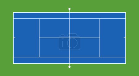 Top view tennis hard court with grid and shadow top view. Hard cover field. Vector illustration. Textured realistic tennis court illustration. The exact proportions