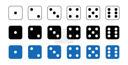 Ilustración de Conjunto de iconos gráficos dados. Cubos de dados blancos, negros y azules de uno a seis puntos. Objetos de juego para jugar en el casino, poker. Seis caras de cubo. Troquel tradicional con números de puntos del 1 al 6. Vector - Imagen libre de derechos