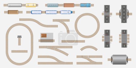 Illustration for Set of railway parts and trains top view for city map. Railroad train track kit. City transport. Railway route vector collection: station, electric and freight train, wagon, locomotive from above - Royalty Free Image