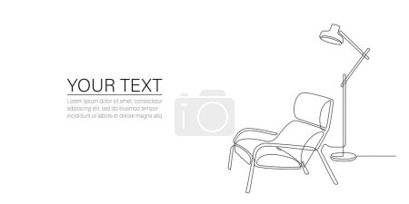 Illustration for Continuous one line drawing of armchair, lamp with place for text. Interior Living room with modern furniture: couch, light lamp. Single line daybed. Template Contour of indoor furniture Doodle vector - Royalty Free Image
