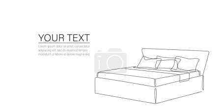 Durchgehende Linienzeichnung des Bettes mit Platz für Text. Eine Linienzeichnung des Innenraums des Schlafzimmers mit Möbeln. Doppelbett für Hotel, Appartement, Wohnung, Appartement. Einzeilige Doodle-Vektor-Illustration