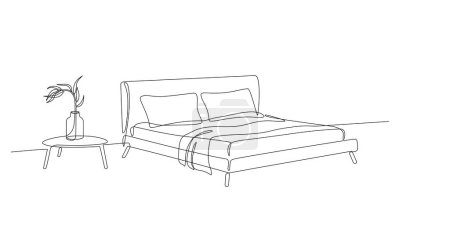 Continuous single line drawing of bed, plaid and flower in vase on table. One line drawing. Interior of bedroom with furniture: double bed and plant for hotel, apartment, flat. Line art doodle vector
