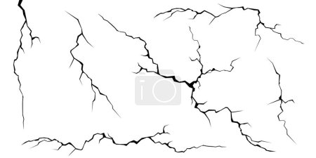 Surface cracks and fissures in ground, concrete, crevices from disaster top view. Breaks on land surface from earthquake isolated on white background. Broken ground, wall, glass pattern effect. Damage