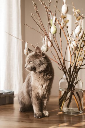 Foto de Un lindo gato gris ayuda a decorar la casa para Pascua. Gatito junto a un ramo de sauce decorado con huevos de Pascua - Imagen libre de derechos