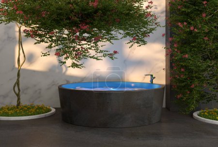 moderno baño de lujo con bañera de hidromasaje y árbol - Ilustración 3D