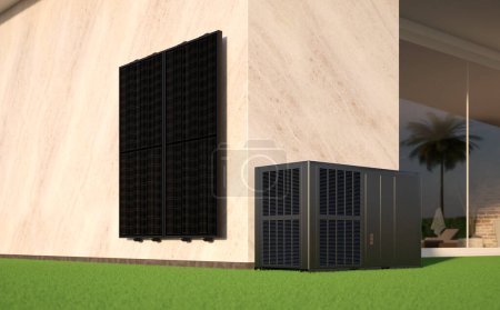 Foto de Energía de la bomba de calor con panel solar como calentador y energía verde alternativa - Ilustración 3D - Imagen libre de derechos