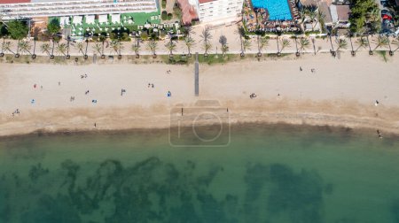 Photo for Straight down aerial drone photo in the beautiful town of Sant Antoni de Portmany in Ibiza Spain showing the beach known as Playa de San Antonio with people relaxing on the sandy beach in the summer - Royalty Free Image