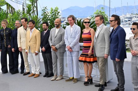 Photo for CANNES, FRANCE. May 24, 2023: Maya Hawke, Steve Carell, Rupert Friend, Steve Park, Jason Schwartzman, Jeffrey Wright, Scarlett Johansson, Wes Anderson, Bryan Cranston and Matt Dillon at the photocall for Asteroid City at the 76th Festival de Cannes - Royalty Free Image