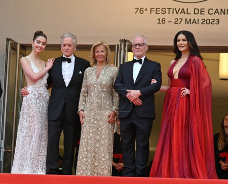 Photo for CANNES, FRANCE. May 16, 2023: Carys Zeta-Douglas, Michael Douglas, Iris Knobloch, Thierry Fremaux and Catherine Zeta-Jones at the premiere for Jeanne du Barry at the 76th Festival de Cannes - Royalty Free Image