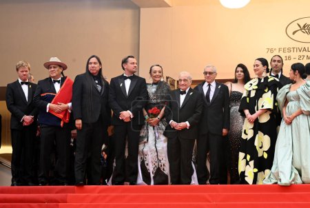Photo for CANNES, FRANCE. May 20, 2023: Jesse Plemons, Yancey Red Corn, Leonardo DiCaprio, Tantoo Cardinal, Martin Scorsese, Robert De Niro, Cara Jade Myers, Lily Gladstone and Jillian Dion at the Killers of the Flower Moon premiere at the 76th Festival de Can - Royalty Free Image