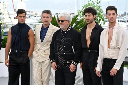 Photo for CANNES, FRANCE. May 17, 2023: George Steane, Jason Fernandez, Ethan Hawke, Pedro Almodovar, Jose Condessa and Manuel Rios at the photocall for Strange Way of Life at the 76th Festival de Cannes - Royalty Free Image