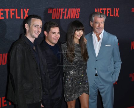 Photo for LOS ANGELES, CA. June 26, 2023:  Tyler Spindel, Adam Devine, Nina Dobrev and Pierce Brosnan at the Los Angeles special screening for The OutLaws at the Regal LA Live - Royalty Free Image