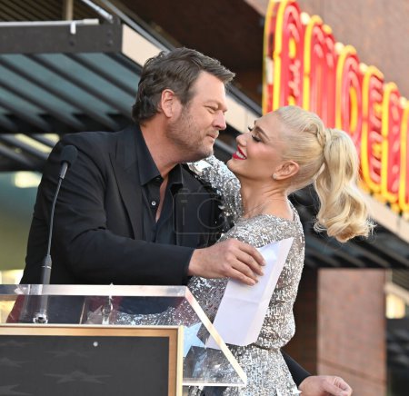 Photo for LOS ANGELES, CA. October 19, 2023: Blake Shelton and Gwen Stefani on Hollywood Boulevard where Gwen Stefani was honored with a star on the Hollywood Walk of Fame. - Royalty Free Image