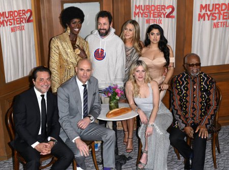 Photo for LOS ANGELES, CA. March 28, 2023:  Enrique Arce, Jodie Turner-Smith, Mark Strong, Adam Sandler, Jennifer Aniston, Melanie Laurent, Kuhoo Verma and and John Kani at the premiere for Murder Mystery 2 at the Regency Village Theatre - Royalty Free Image