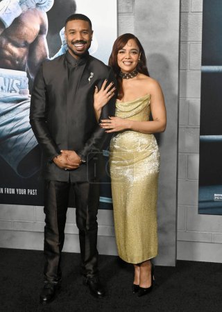 Photo for LOS ANGELES, CA. February 27, 2023:  Michael B. Jordan and Tessa Thompson at the premiere for Creed III at the TCL Chinese Theatre, Hollywood - Royalty Free Image