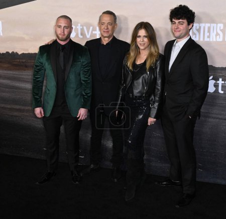 Photo for LOS ANGELES, USA. January 10, 2024: Chet Hanks, Tom Hanks, Rita Wilson & Truman Hanks at the premiere for  Masters of the Air at the Mann Village Theatre - Royalty Free Image