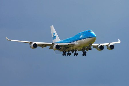 Photo for Amsterdam / Netherlands - August 15, 2014: KLM Royal Dutch Airlines Boeing 747-400 PH-BFD passenger plane arrival and landing at Amsterdam Schipol Airport - Royalty Free Image
