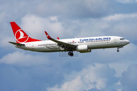 Photo for Amsterdam, Netherlands - August 15, 2014: Turkish Airlines passenger plane at airport. Schedule flight travel. Aviation and aircraft. Air transport. Global international transportation. Fly and flying. - Royalty Free Image