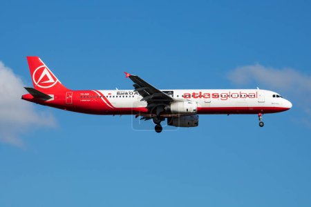 Photo for Istanbul / Turkey - March 29, 2019: AtlasGlobal special sticker Airbus A321 TC-AGI passenger plane arrival and landing at Istanbul Ataturk Airport - Royalty Free Image