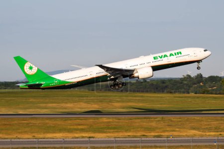Photo for Vienna, Austria - May 13, 2018: EVA Air Boeing 777-300ER B-16712 passenger plane departure and take off at Vienna Airport - Royalty Free Image