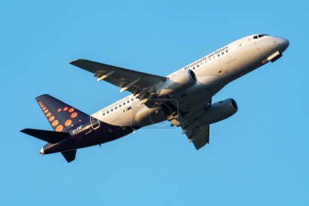Photo for Vienna, Austria - May 13, 2018: Brussels Airlines Sukhoi SSJ-100 Superjet EI-FWF passenger plane departure and take off at Vienna Airport - Royalty Free Image