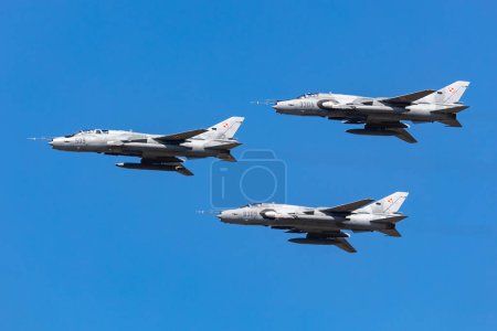 Photo for Radom, Poland - August 26, 2023: Polish Air Force Lockheed Sukhoi Su-22 Fitter fighter jet plane flying. Aviation and military aircraft. - Royalty Free Image