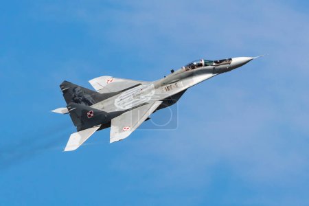 Photo for Radom, Poland - August 26, 2023: Polish Air Force Lockheed Sukhoi Su-22 Fitter fighter jet plane flying. Aviation and military aircraft. - Royalty Free Image