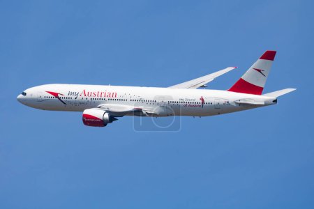 Photo for Vienna, Austria - May 20, 2018: Austrian Airlines special sticker Boeing 777-200 OE-LPD passenger plane departure and take off at Vienna Airport - Royalty Free Image