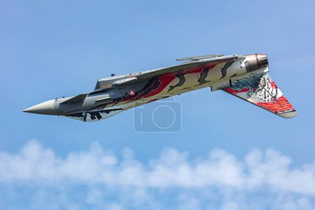 Photo for Zeltweg, Austria - September 3, 2022: Austrian Air Force Eurofighter Typhoon. Military fighter jet plane at air base. Flight operation. Aviation and aircraft. Air defense. Fly and flying. - Royalty Free Image