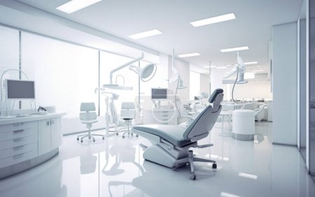 Foto de Un moderno consultorio dental creado por inteligencia artificial. Mucha luz y equipo. - Imagen libre de derechos