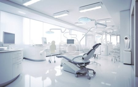 Foto de Un moderno consultorio dental creado por inteligencia artificial. Mucha luz y equipo. - Imagen libre de derechos