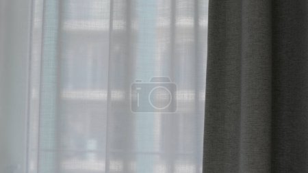 Photo for White voile curtain in front of window with dark grey curtain to side. High quality photo with copy space. - Royalty Free Image